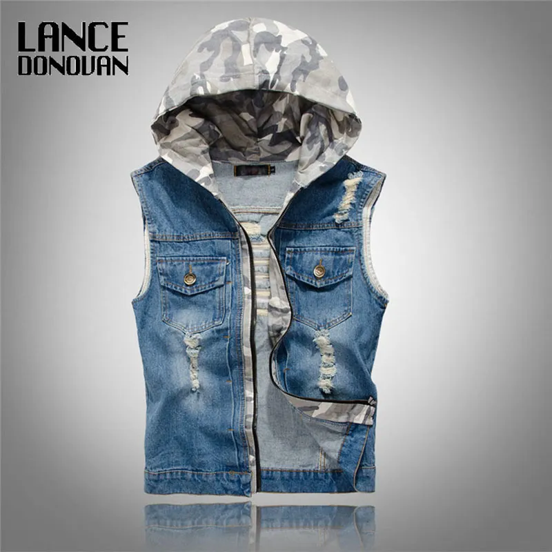 Wholesale- Mens Denim Jean Vests with Hooded Ripped Washed Vintage Blue Zipper Closure Sleeveless Jacket