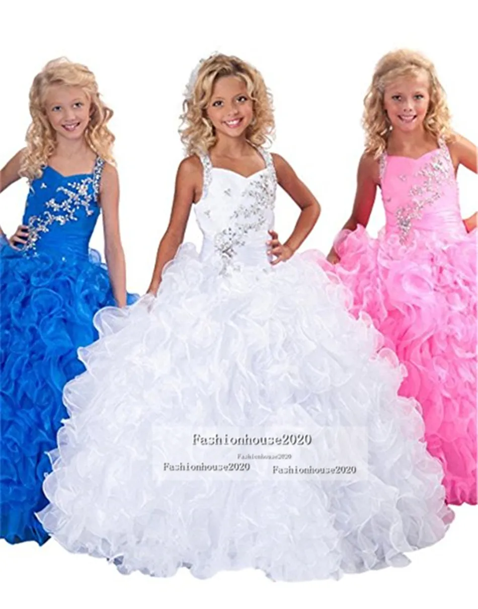 Vit organza bollklänning Flower Girl Dresses For Wedding Square Neck Beaded Crystal Girls Pageant Dress Kids Prom Party Gowns219J