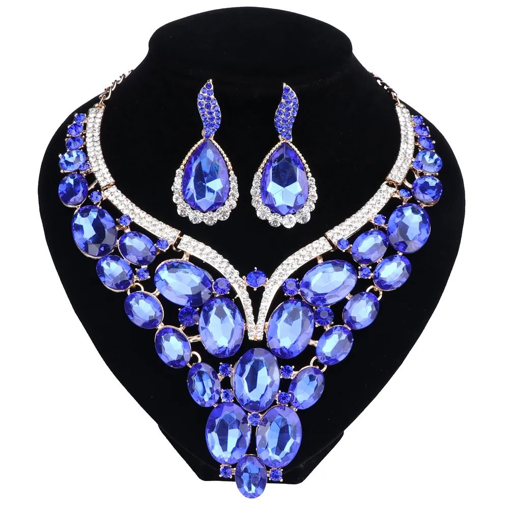 Mode smycken chunky pärla kristall blomma choker halsband uttalande halsband örhängen party klänning smycken sätter 10 färger