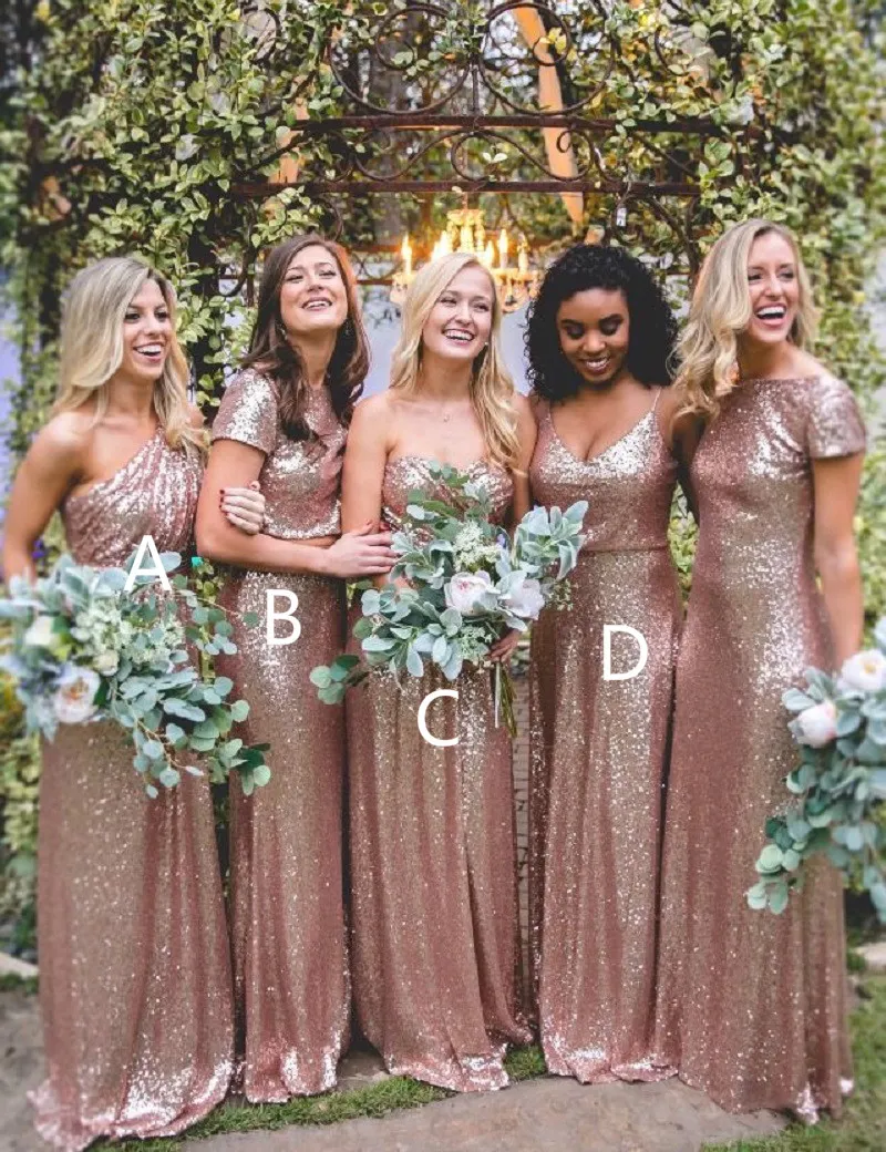 Bling rose gouden lovertjes bruidsmeisje jurken lange sexy vloer lengte boho bruidsmeisjes jurken plus size op maat gemaakt