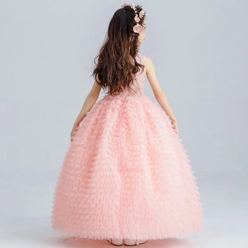 Lüks Pembe Tül Çiçek Kız Elbise Çocuklar Gelinlik Ayak Bileği Uzunluk Aplikler Boncuk Çocuk Parti Balo Elbise İlk Communion Elbiseler
