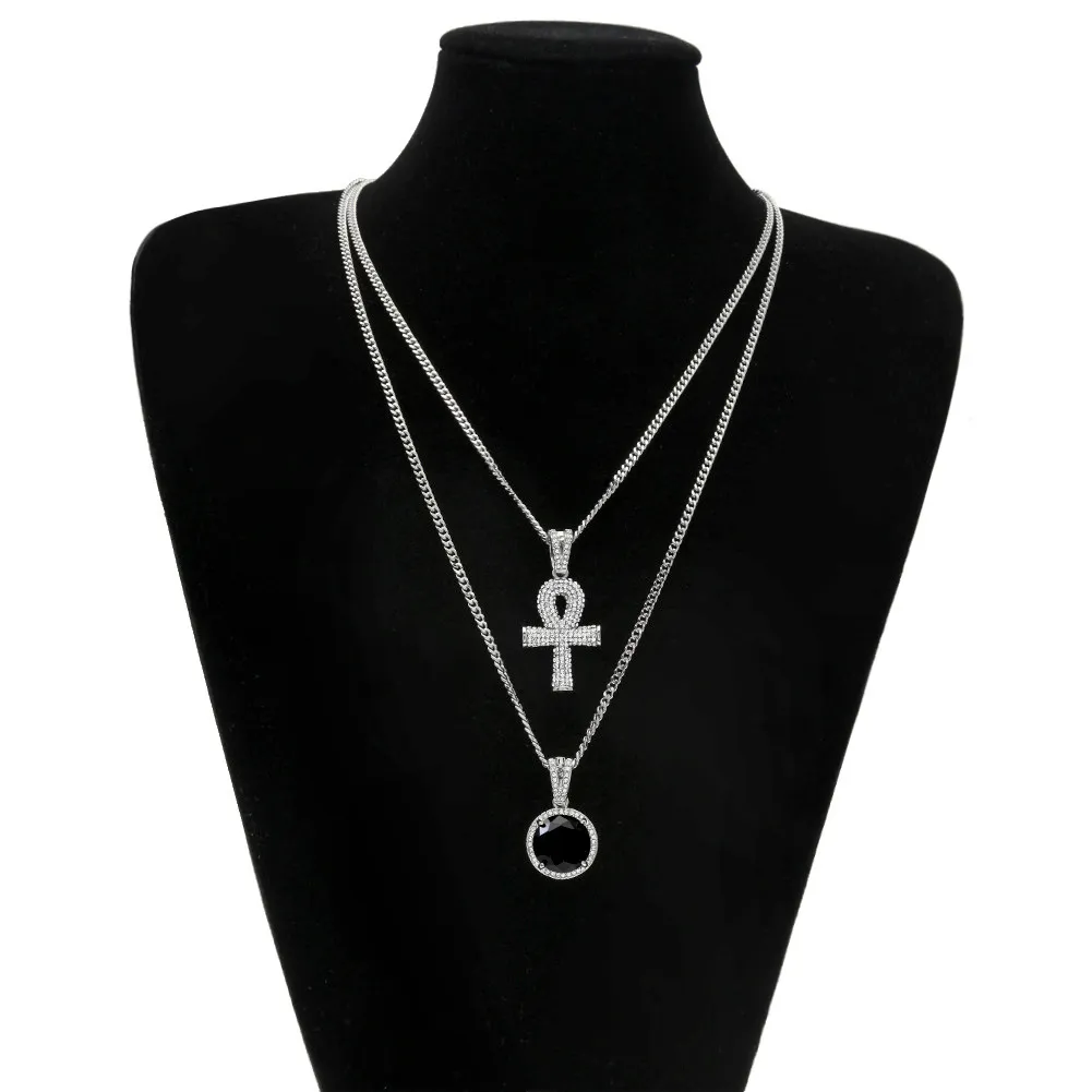 Egyptian large Ankh Key pendant necklaces Sets Round Ruby Sapphire with Rhinestones Cross Charms cuban link Chains For mens Hip Hop Jewelry