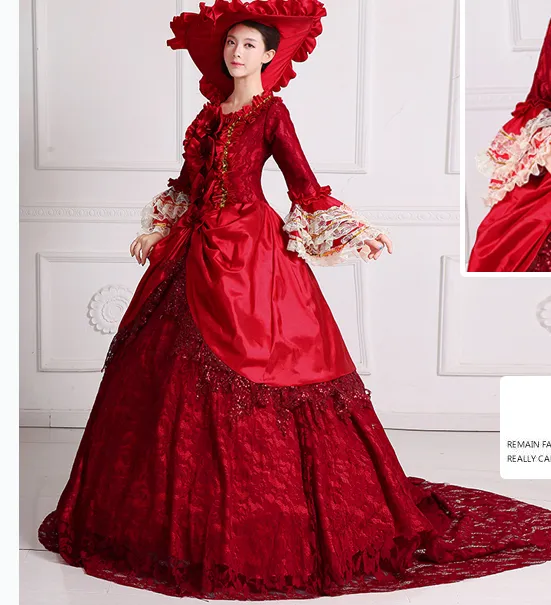 Echte Luxe Rode Kant Kralen Carnaval Kanten Hof Middeleeuwse Jurk Met Hoed Prinses Koningin Cosplay Toga Bal Lange Jurk Baljurk Van 121 09 DHgate