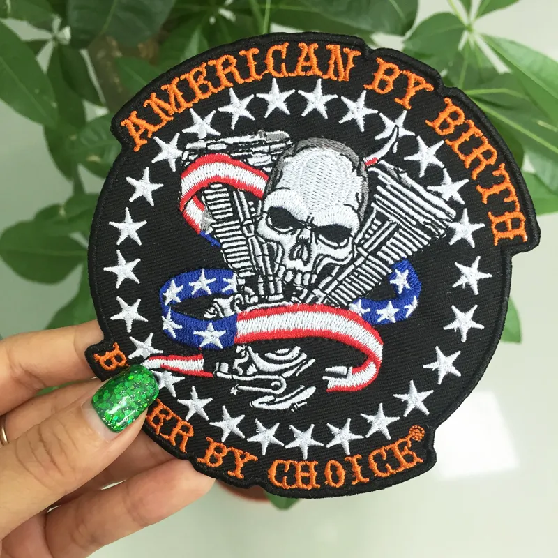CLASSIC AMERICAN BY BIRTH BIKER BY CHOICE Skull Flag Embroidered Iron on Patch MC Punk Sew on Biker Vest Badge 