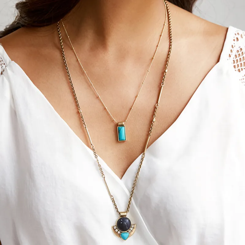 New Fashion Women Costume Wholesale Jewelry Vintage Multi-layer Split Synthetic Detachable Stone Pendant Ladies Necklace Collane