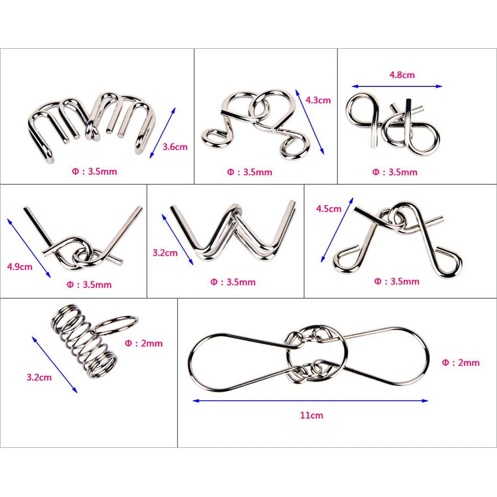 8PCS / Set Metal Wire Puzzle IQ Mind Brain Teaser Puzzles juego para adultos niños niños