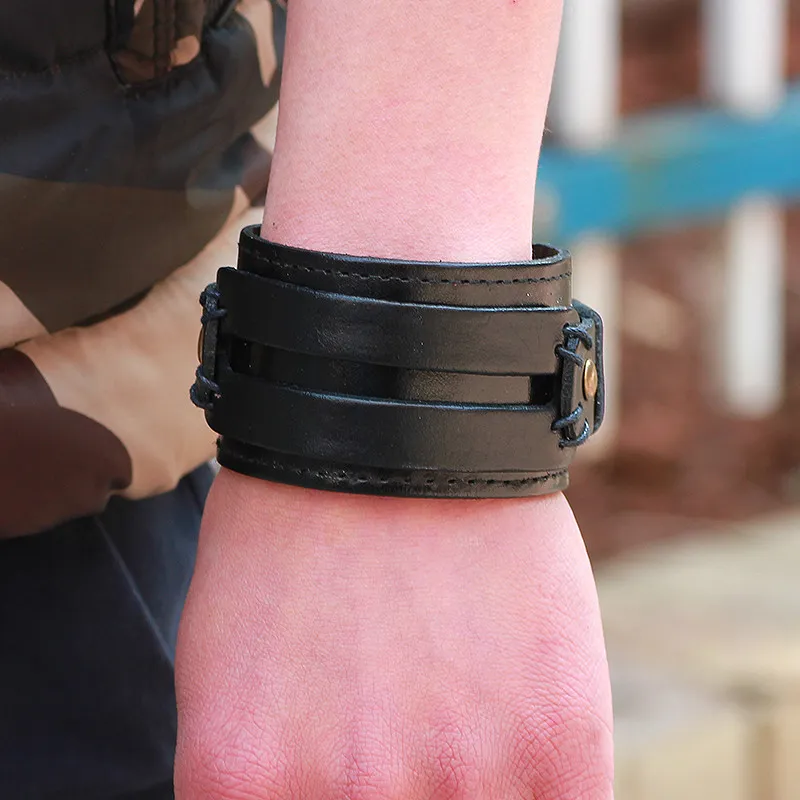 Äkta läder Manschett Armband för män Chunky Super Wide Belt Cover Wrist Tattoo Snap Closure Stitched Double Band Black Brown Punk Unisex