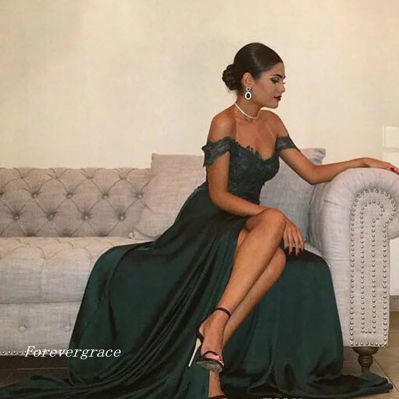 Ny Aline Hunter Green Evening Dress Vintage Billiga Off Shoulder Long Backless Formal Prom Party Gown Custom Made Plus Size4909258