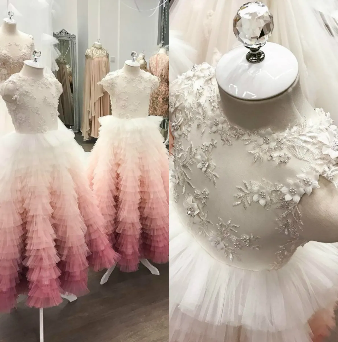 Perline Applicazioni floreali 3D Abito da ragazza di fiori Abiti fantasia in pizzo Abiti da sposa vintage per la piccola sposa