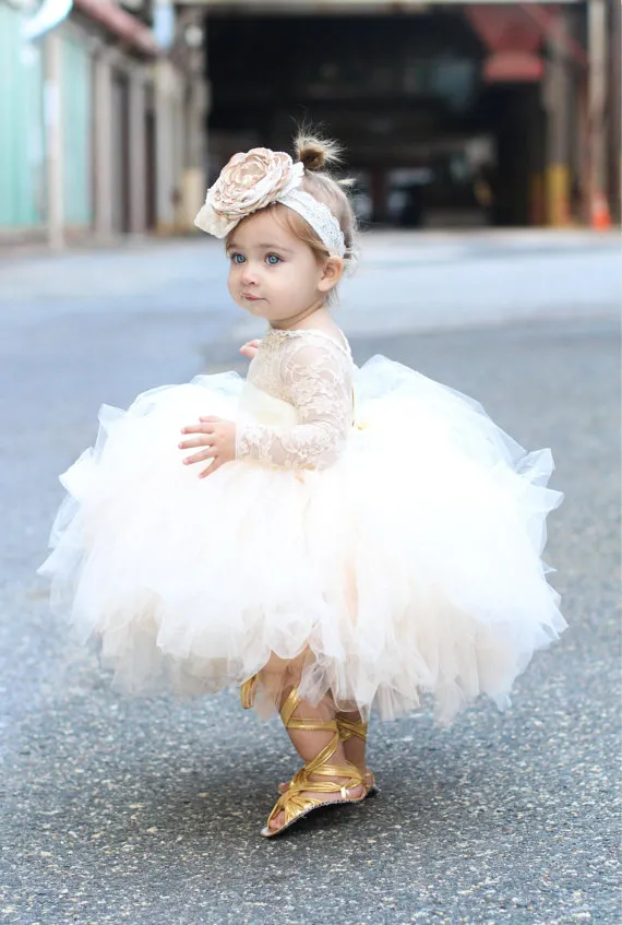 Lovely Puffy Tulle Ball Gown Flower Girl Dress Jewel Lace Long Sleeves Baby Communion Dress Girls Formal Dress For Weddings Christening Dres