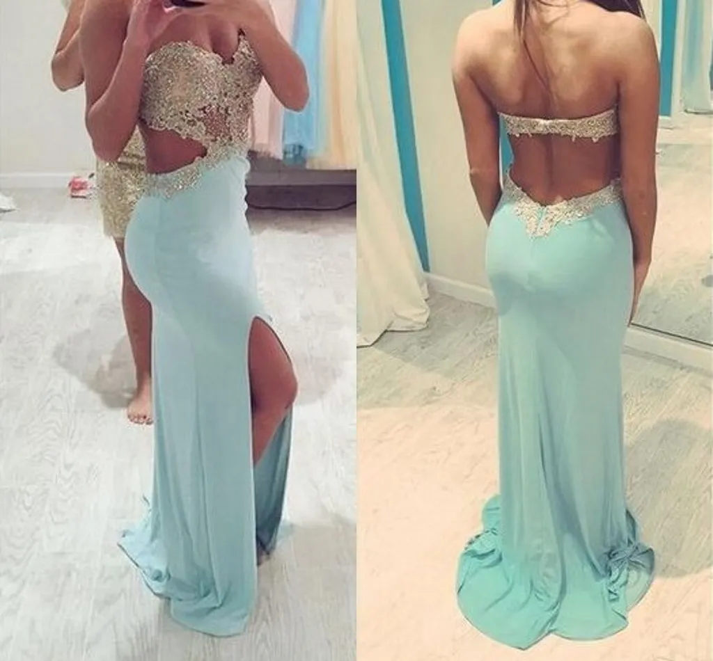 2019 Backless Prom Dress Mint Green Sweetheart Długie koraliki z Slit Evening Party Suknia Plus Size Vestidos de Festa1359040