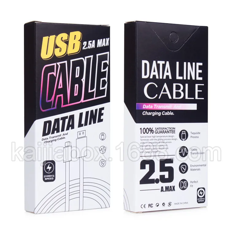 Impression entière Logo Ratail Paper Paper Boîte pour le câble de données du chargeur USB FIT de 115 mètres de long pour iOS Android4372777