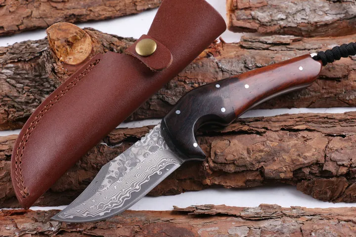 Top Quality Damascus Steel Survival Straight Hunting Knife 58HRC Rosewood&Ebony Handle Fixed Blade Knives with Leather Sheath