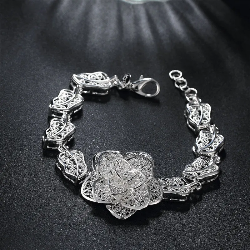 Fashion 925 Sterling Silver Rose Flower charm Bracelet women high quality 8 inch long 