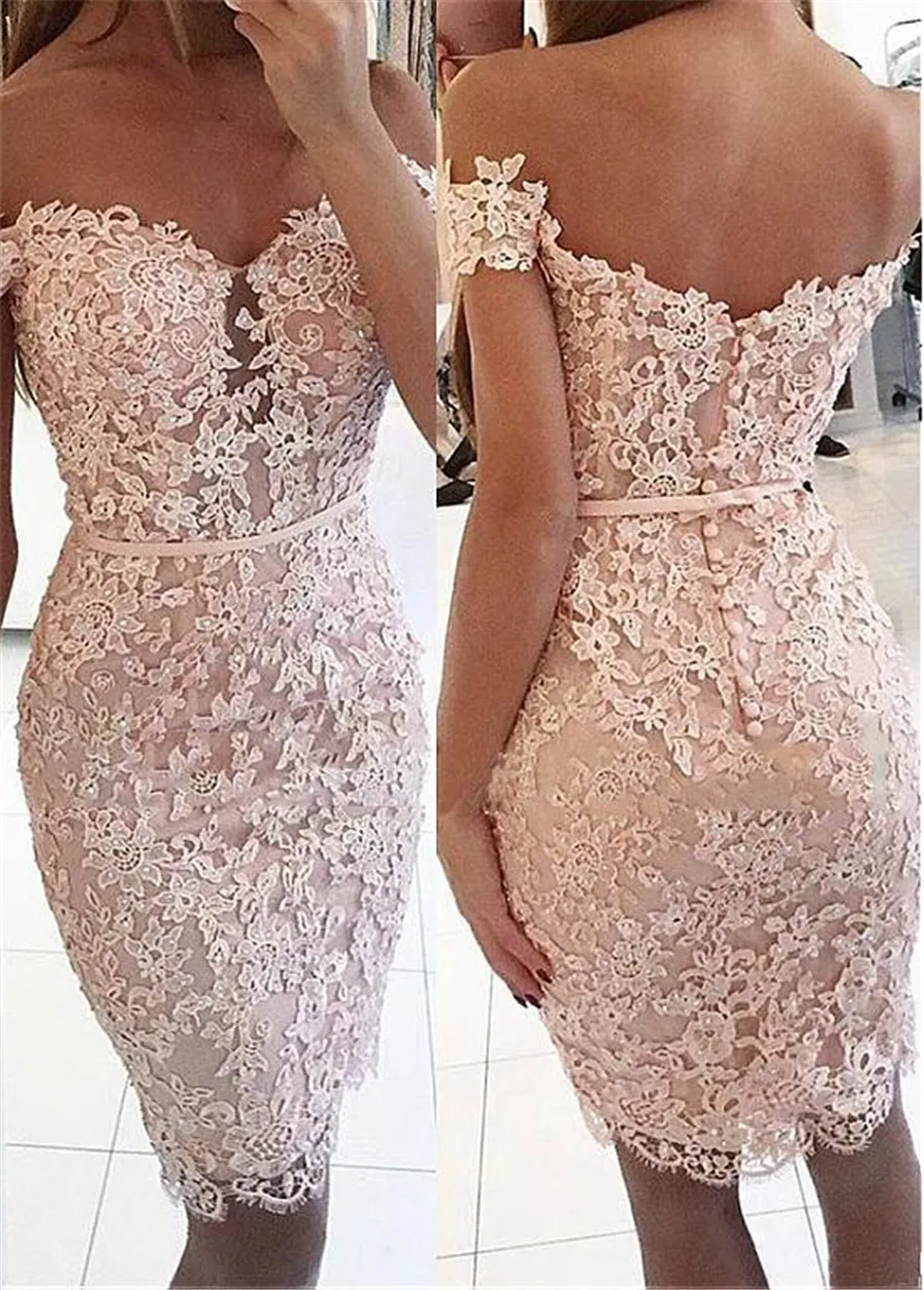 Exquisite Tulle & Satin Off-the-shoulder Neckline Short Sheath / Column Cocktail Dresses With Beaded Lace Appliques Short Homecoming Dress