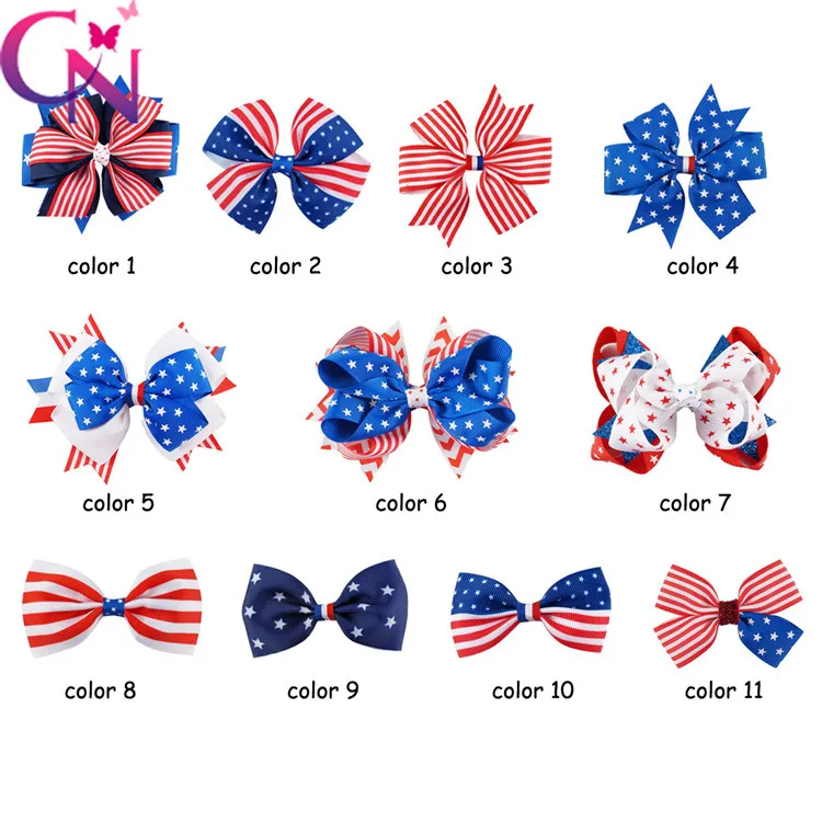 패션 (11) 스타일 아기 리본 활 깃발 미국 비녀 클립 대형 Bowknot 머리핀 키즈 헤어 부티크 활 어린이 헤어 액세서리 A7136
