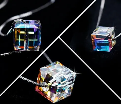 Argent Cube Cristal Colliers Pendentifs Pour Femmes Diamant Collier En Laiton Matériel Coloré Strass Bijoux Accessoires Cadeau De Noël