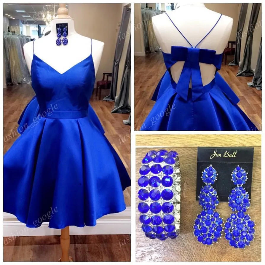 Eenvoudige klassieke homecoming jurken 2017 met boog en sexy rug echte foto koningsblauw korte zoete 16 jurk standaard plus size op voorraad