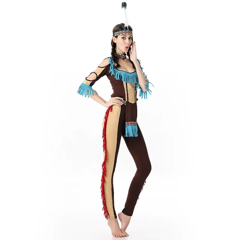 Costume cosplay indiano sexy da donna vestito operato nativo vestito da festa di carnevale di Halloween vestito da prestazione primitiva di danza indigena