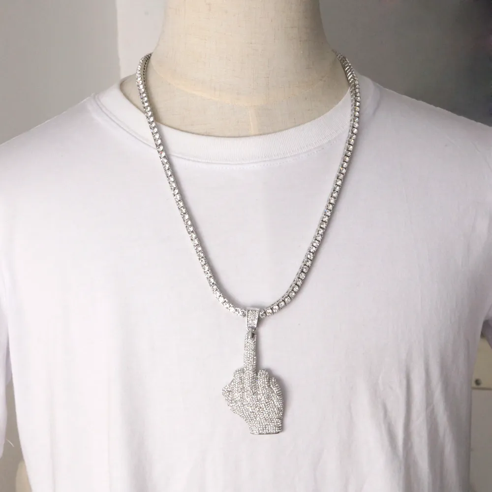 Luxury Full Iced Out Rhinestones Middle Finger Hand Pendant With 1 Row Tennis Chain And 6mm Rope Necklace Men