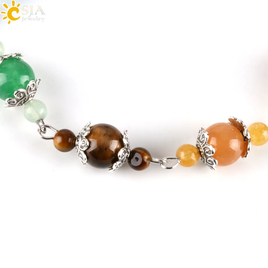 CSJA Natural 7 Chakra Bracciali con perline da donna 2 dimensioni Perline con pietre preziose Ciondoli con fiori arcobaleno Chiusura a moschettone Estendi catena Meditazione Jew321D