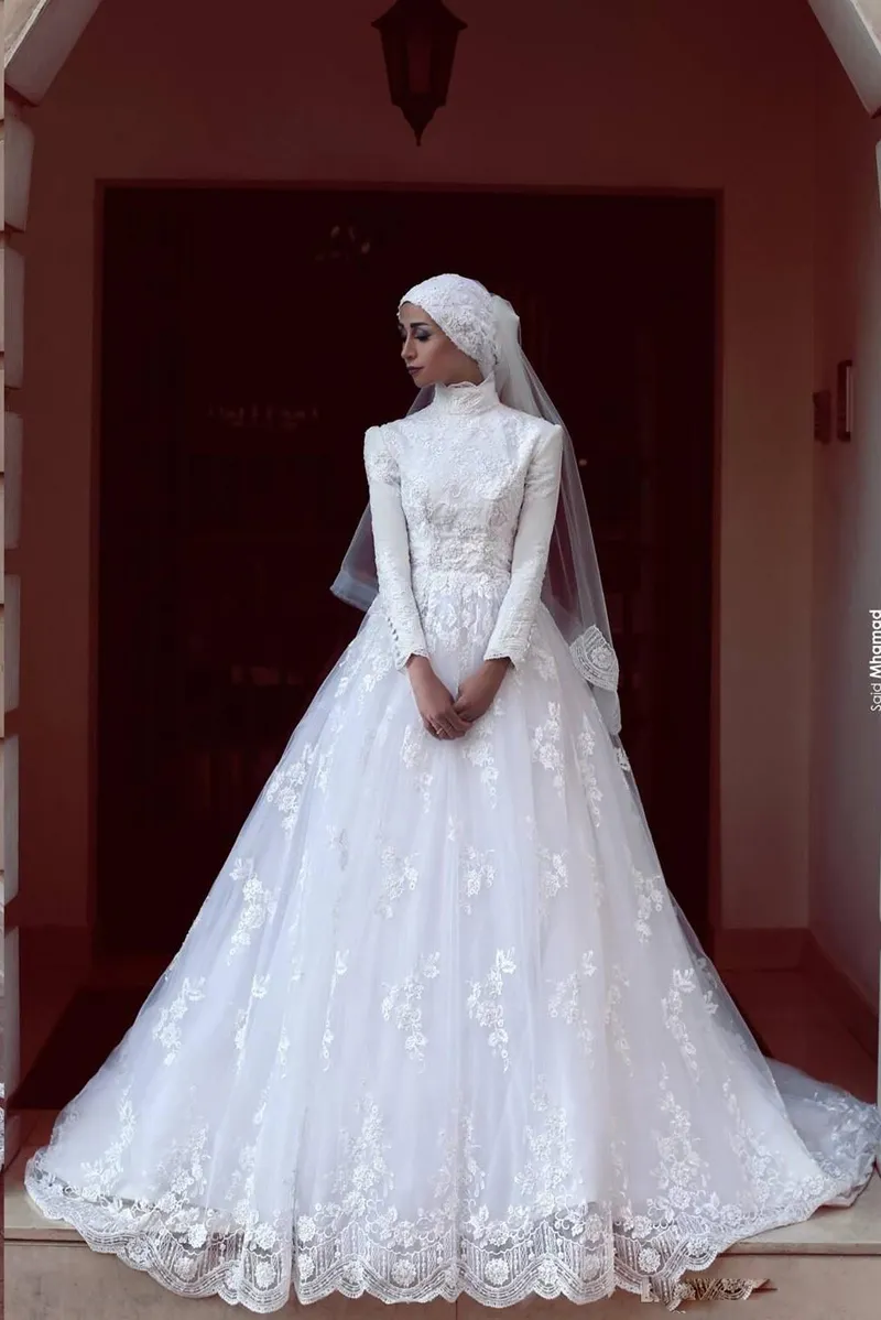 Modeste Dentelle Hijab Robes De Mariée 2017 Musulman Col Haut À Manches Longues Blanc Robes De Mariée Balayage Train Robes De Mariée Sur Mesure En Ligne Vestidos