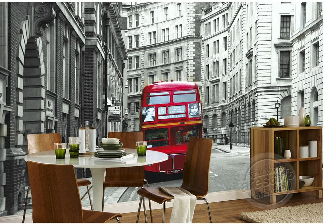 Europese stijl Retro British London Dubbeldutus Bus Muurschildering 3D Wallpaper 3D Muurdocumenten voor TV-achtergrond