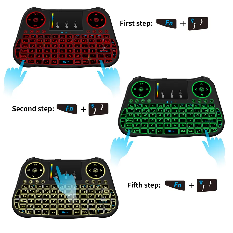 20 шт. Mini MT08 2.4 ГГц Беспроводная клавиатура 7 Цвет с подсветкой Английский Пульт дистанционного управления Сенсорная панель для Android TV Box Tablet PC Smart TV PK I8