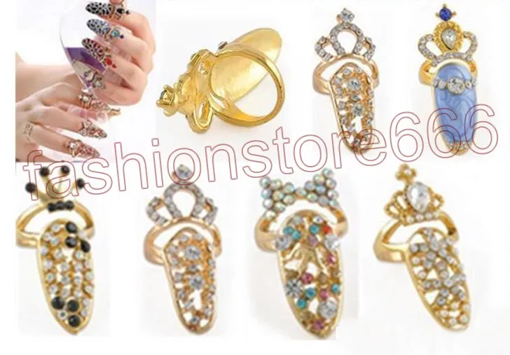Fashion Rhinestone Cute Bowknot Finger Nail Ring Charm Crown Flower Crystal Personalità femminile Nail Art Rings2138