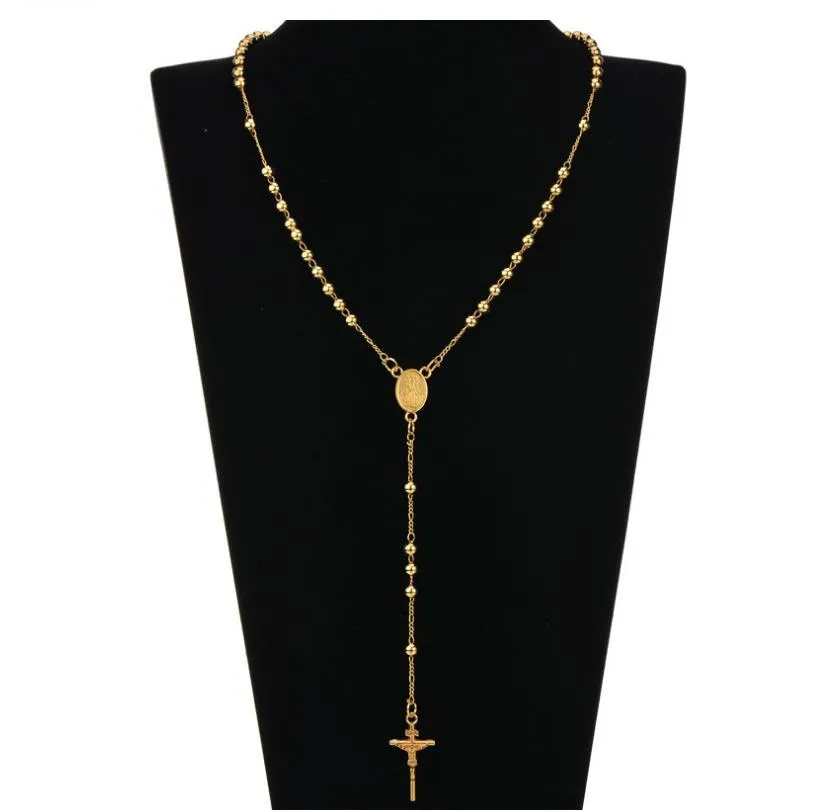 rosary beads necklace cross jesus pendant silver and gold plated beads long necklaces for men and women Rosary Bead Chain