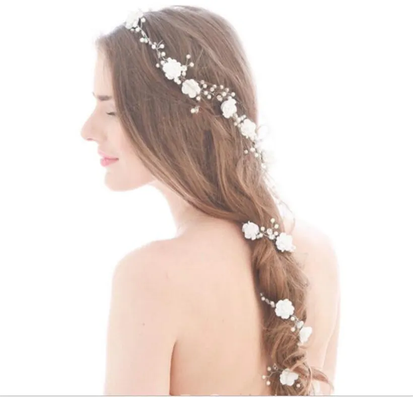 Wedding Bridal Flower Long Hair Chain Band Headband Crystal Rhinestone Crown Tiara Headpiece Jewelry Pearl Headdress Princess Quee6163836