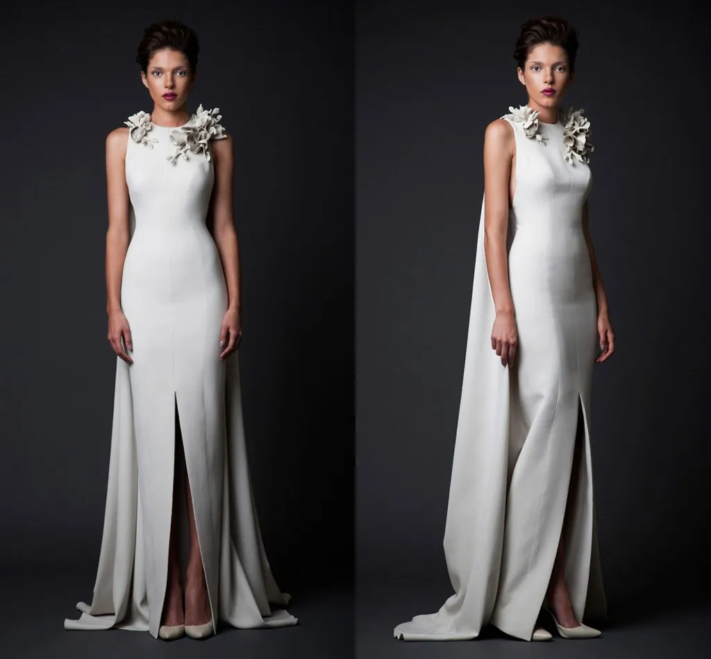 Krikor Jabotian Marfim Vestidos de Noite Paolo Sebastian Vestidos Custom Made Ruffled Formal Wear Bainha Jóia Alta Dividir Longo Vestido de Festa