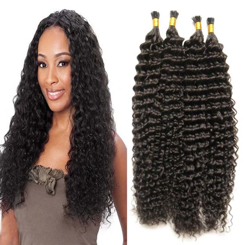 keratin stick tip human hair extensions I Tip hair extensions Natural Color unprocessed brazilian kinky curly hair 200g 1g/strand 200s