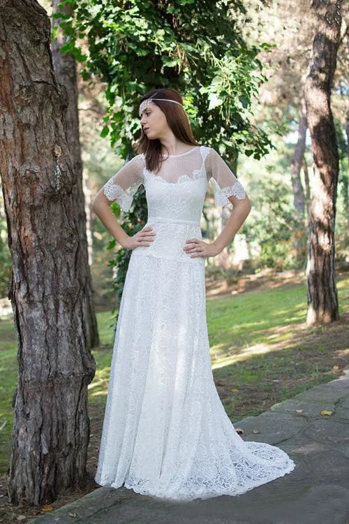 2017 Abiti da sposa Boho in pizzo pieno A-line Economici Scollo trasparente Illusion Manica corta Abiti da sposa lunghi Bohemian Custom Made EN40610