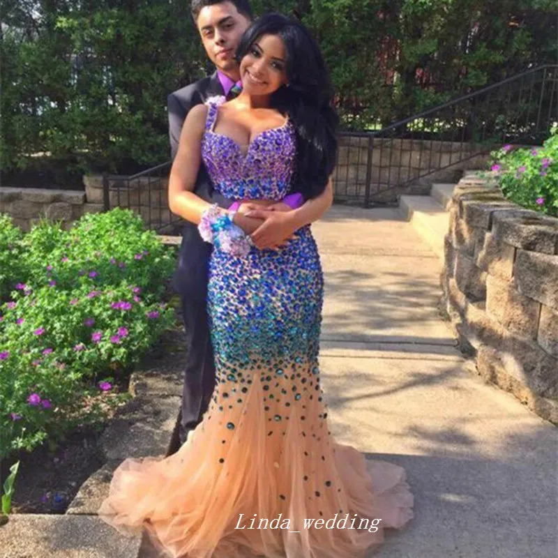 Sexy Two Pieces Long Prom Dress Custom Made Crystal Beaded Women Formal Party Gown Plus Size