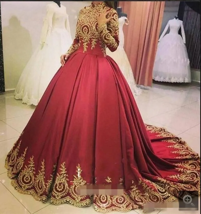 Wine Red Arabic Ball Gown Wedding Dresses Long Sleeves High Neck Gold Lace Appliques Burgundy Dubai Wedding Gowns Custom Made Couture