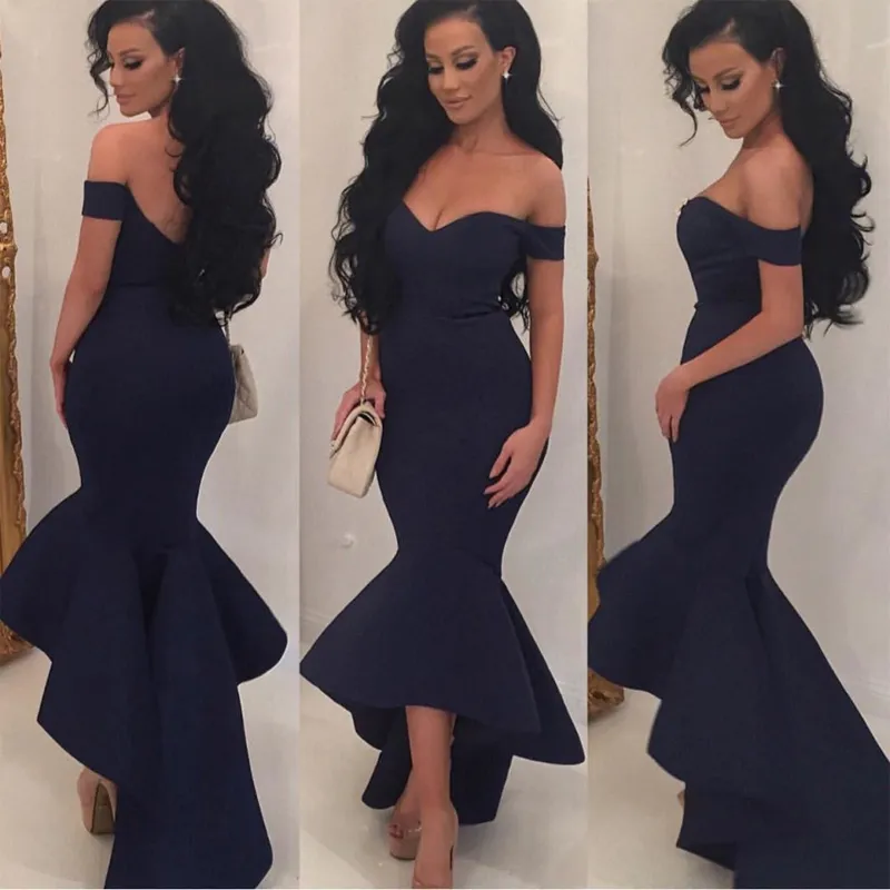 Dark Navy Mermaid Robe De Soirée Backless High Low Robe Low Prom With ...