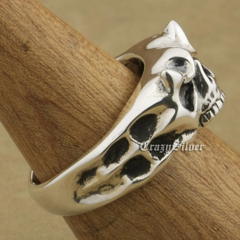 Brand LINSION 925 Sterling Silver Skull Ring Mens Biker Punk Ring TA14 US Size 7~14