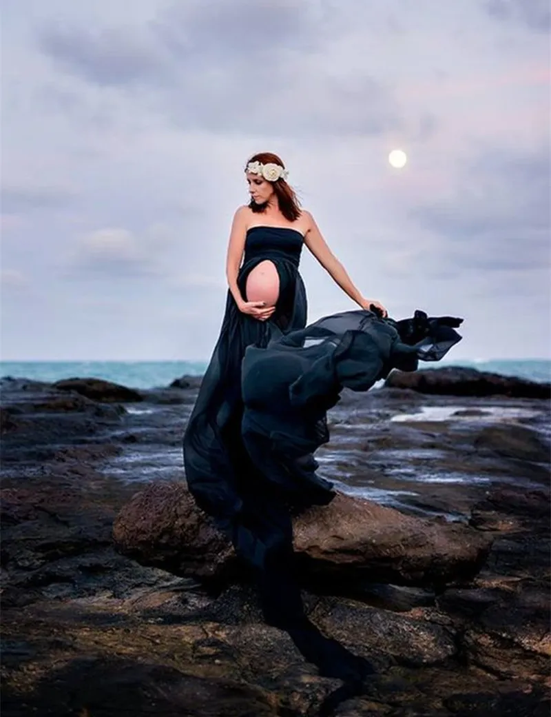 Vestido de gasa de maternidad de la venta caliente partido vestido maxi delantero del embarazo de la fotografía para la sesión fotográfica