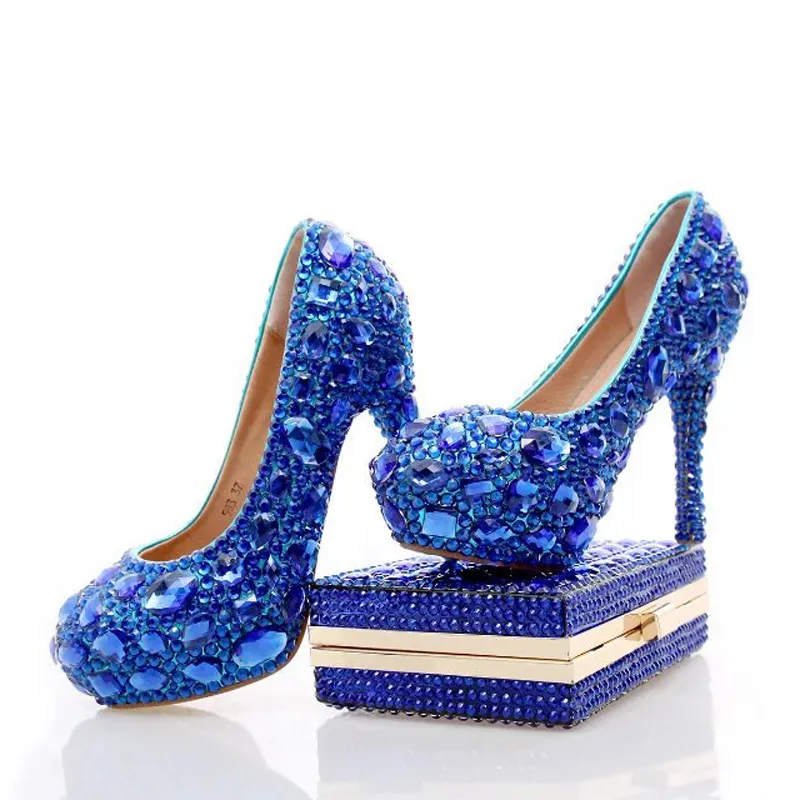 Blaue Strass-Hochzeits-Absätze mit modischer Kristall-passender Tasche, Party-High-Heels mit Clutch, Brautschuhe, Damen-Abschlussball-Pumps