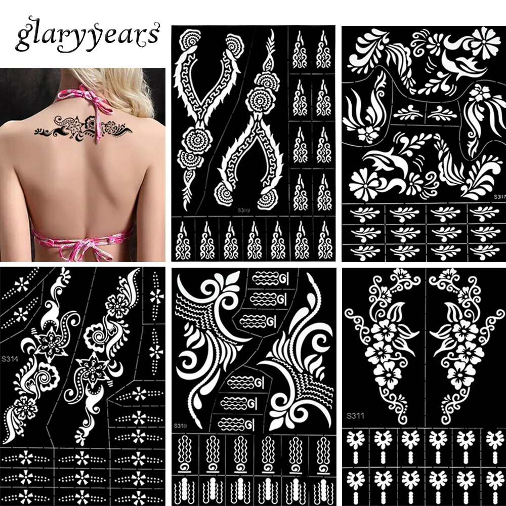 Venta al por mayor-30 diseños 1 pieza Plantilla grande de henna Plantilla de pintura con aerógrafo hueco Mujeres sexy Maquillaje Body Art Tattoo Stencil Temporal