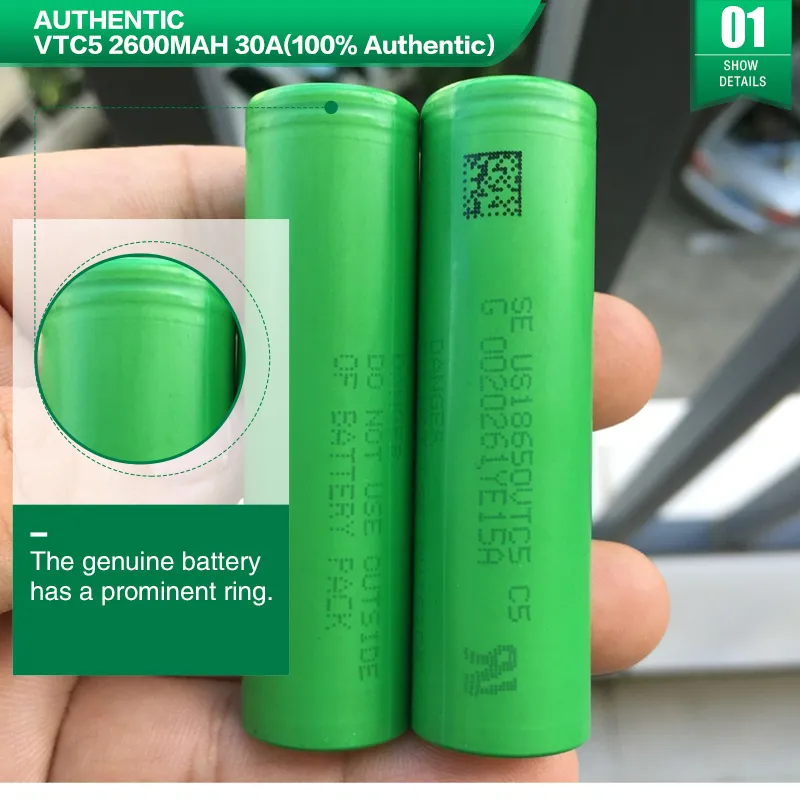 Sony - Murata VTC5A 18650 Battery US18650VTC5A Flat Top High Drain Green  IMR-Li-ion 3.7V Battery Safety Case Included