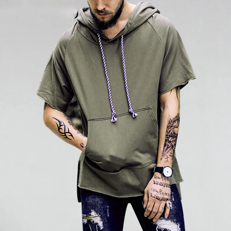 Sudaderas Con Capucha De Bolsillo De Manga Corta Para Hombre Hombre Dobladillo Curvado Extendido Sudadera Con Capucha Hip Hop Casual Pullover Tops De 27,26 € DHgate