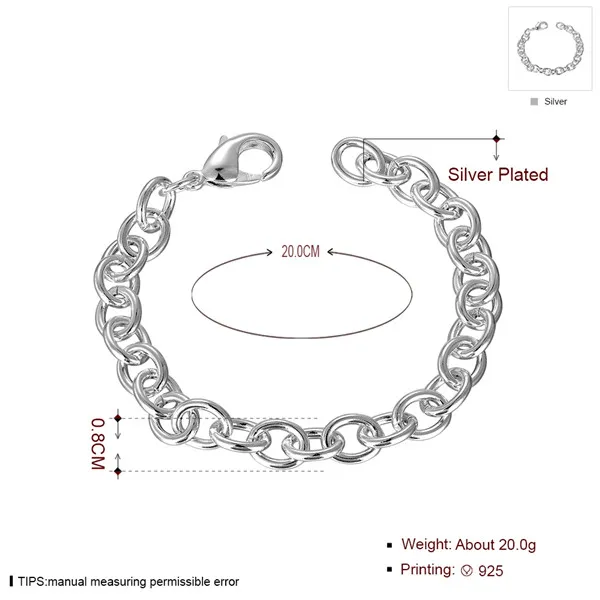 새로운 새우 버클 두꺼운 남성 925 실버 매력 bracelet20cm DFMWB089, 스털링 실버 도금 보석 팔찌