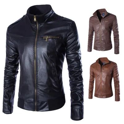 Wholesale- 2016 New Fashion PU Leather Jacket Men Jaqueta De Couro Masculina  Mens Jackets And Coats Skinny Fitness Motorcycle Jacket