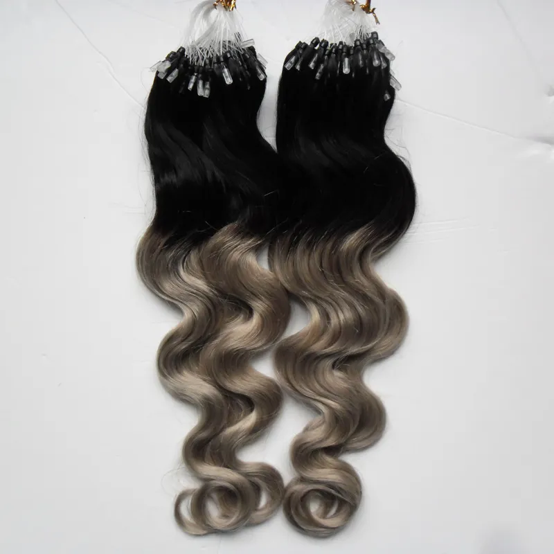 Brazilian Body Wave Hair Ombre Micro Loop Easy Rings / Grânulos Extensões do Cabelo1B / Prata Cinza Ombre Human Hair 200g