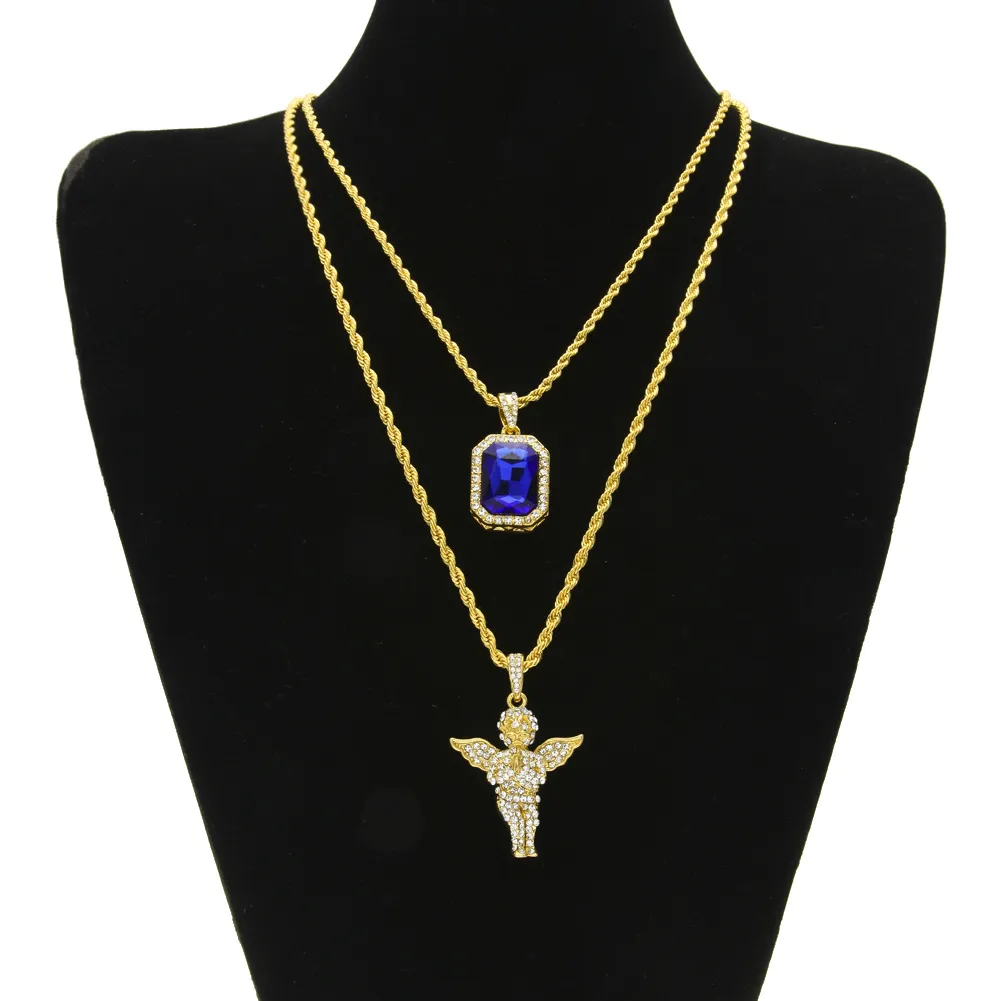 Iced Out Ruby Halsband Set Märke Micro Ruby Angel Jesus Wing Hänge Hip Hop Halsband Man Smycken Partihandel