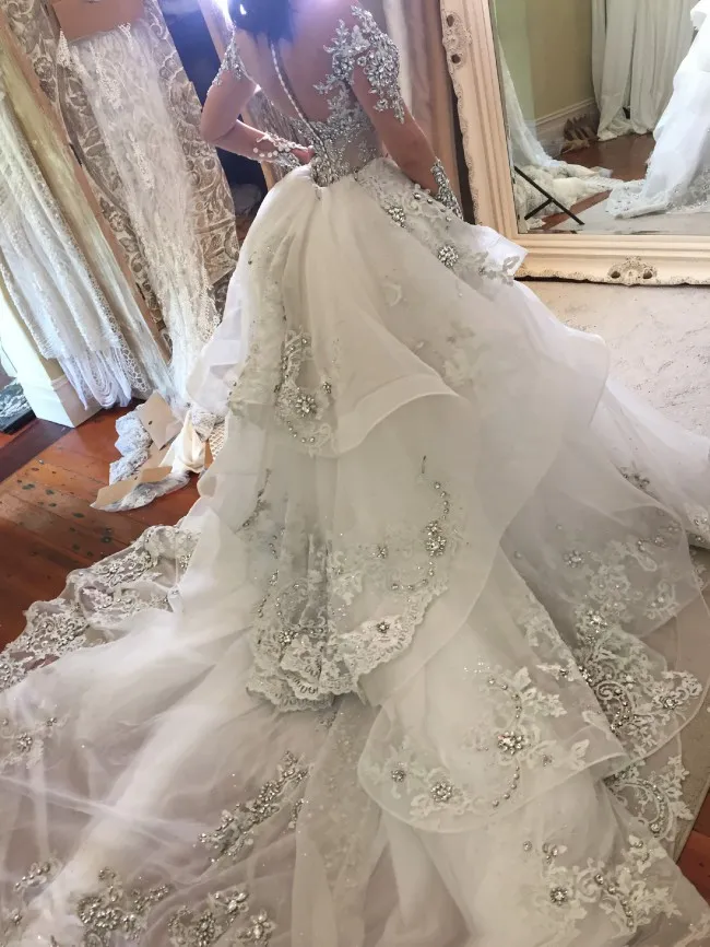 Magnifiques robes de mariée royales en strass avec jupe détachable, col haut, manches longues, robes de mariée 2017, superbe robe de mariée sirène