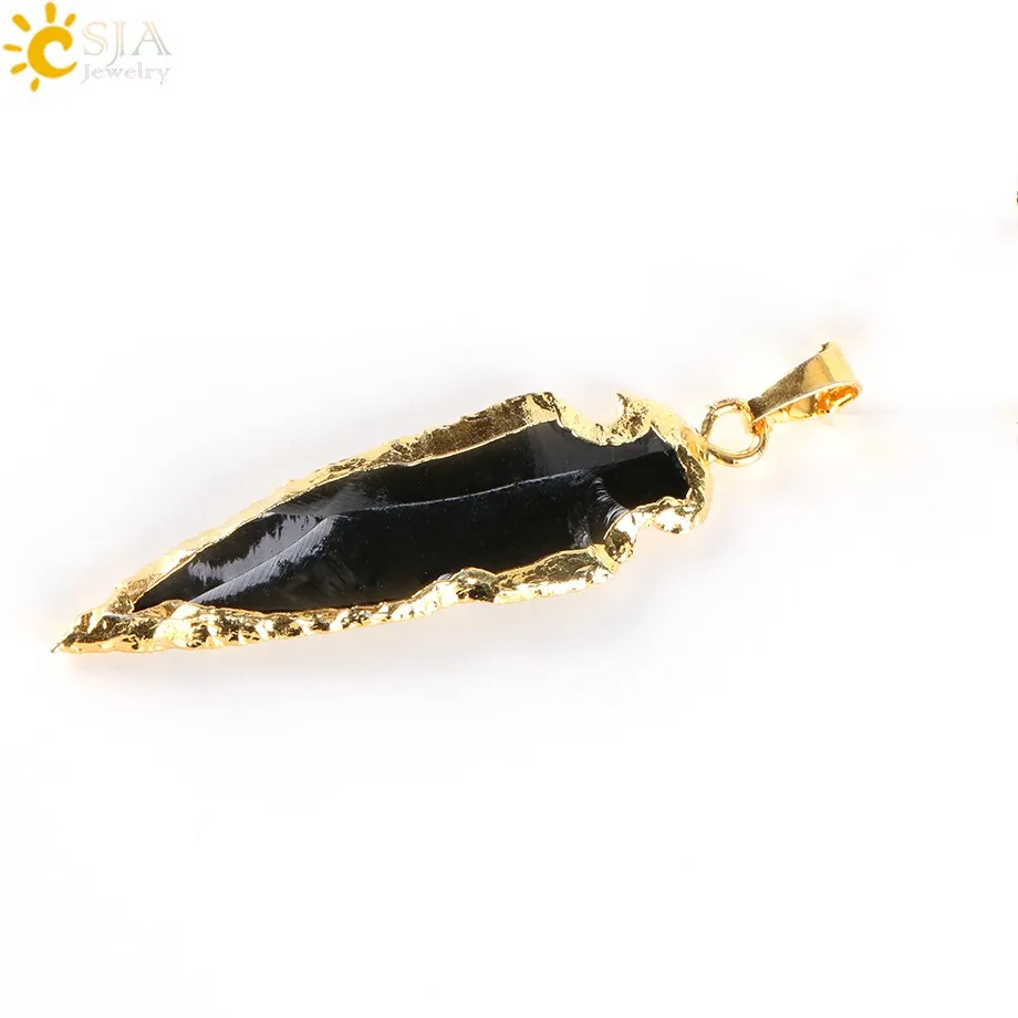 Csja guldplatta koppar naturlig svart indisk agat pilspets charms halsband hänge reiki sten födelsedag jul gåva dagligen jude282b