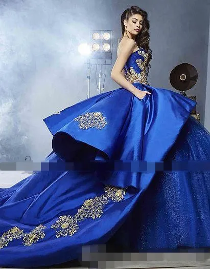 Detalhe de luxo de Ouro Bordado Vestidos Quinceanera com Peplum 2019 Masquerade vestido de Baile Azul Royal Sweety 16 Meninas prom vestidos de baile